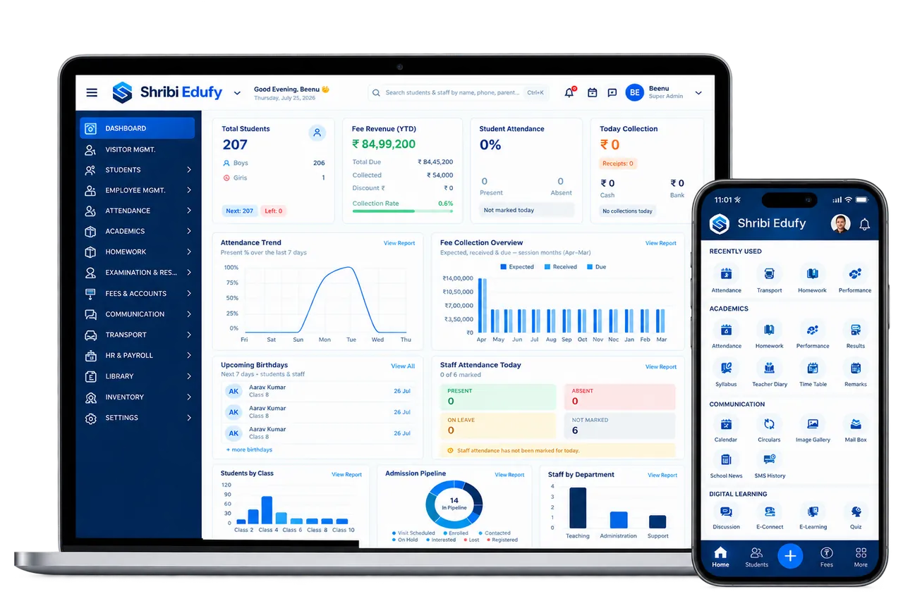 Shribi Edufy school dashboard on a laptop and phone